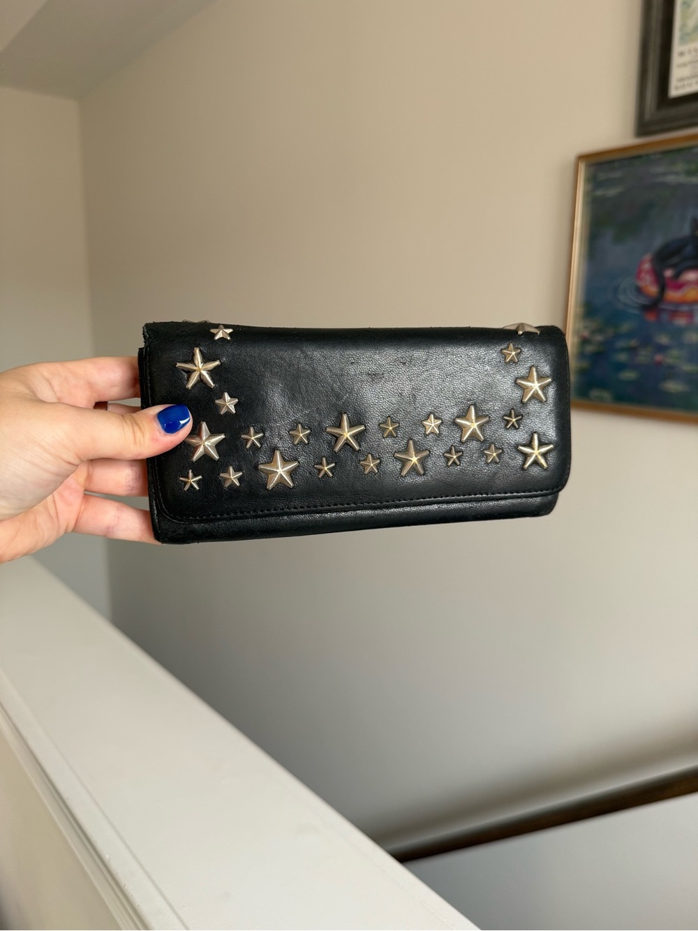 Jimmy Choo Bi-fold Long Wallet Star Studs Black Leather